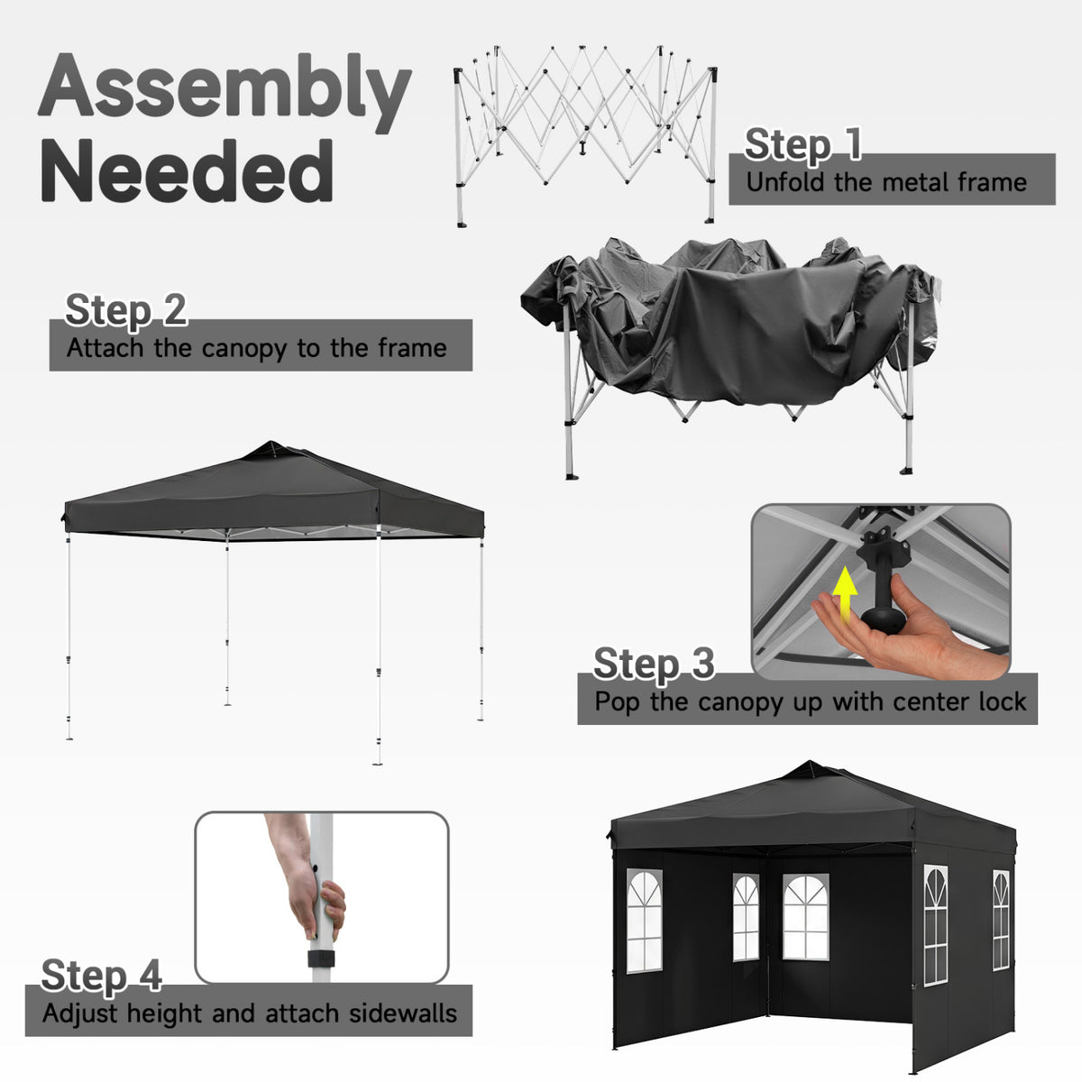 10 x 10 FT Pop Up Canopy Tent with 4 Sidewalls and Adjustable Height Waterproof-Black view 4