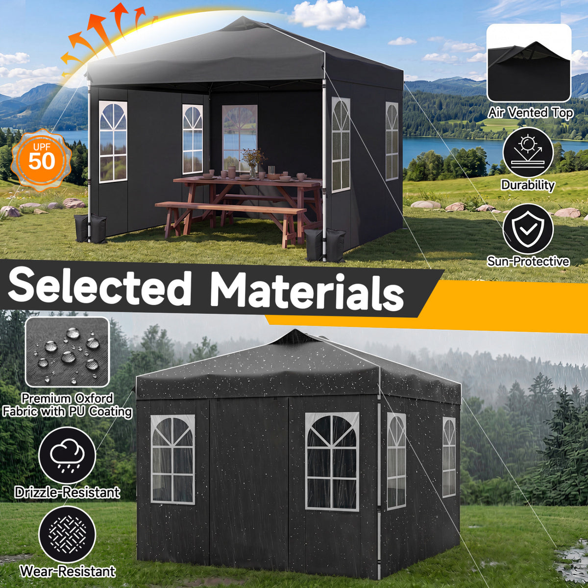 10 x 10 FT Pop Up Canopy Tent with 4 Sidewalls and Adjustable Height Waterproof-Black view 6