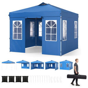 10 x 10 FT Pop Up Canopy Tent with 4 Sidewalls and Adjustable Height Waterproof-Blue