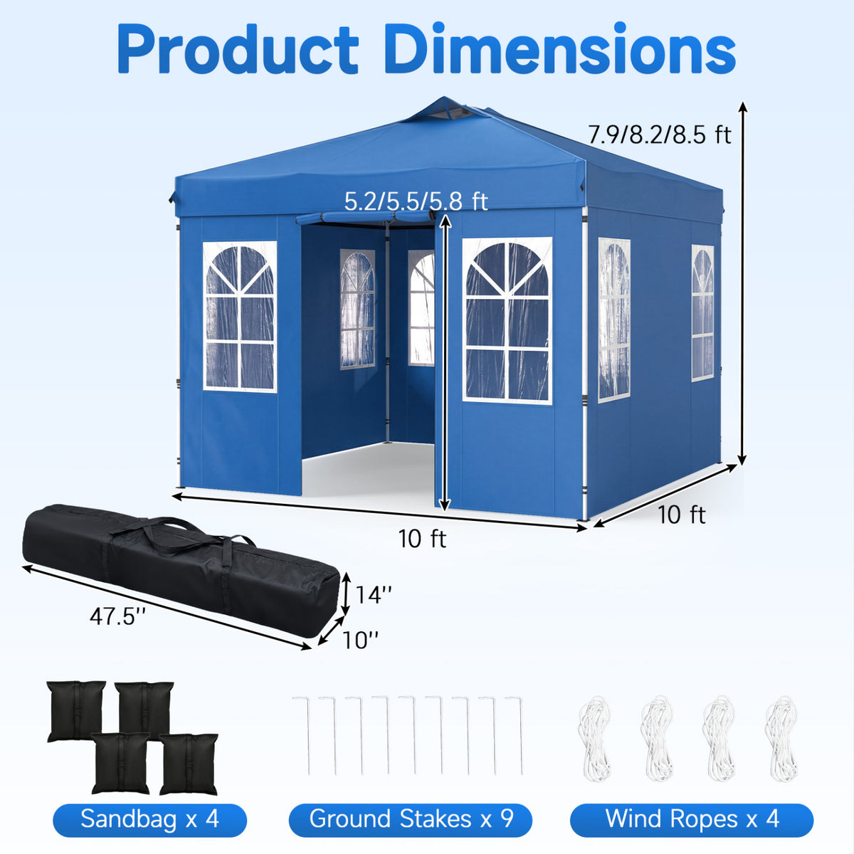 10 x 10 FT Pop Up Canopy Tent with 4 Sidewalls and Adjustable Height Waterproof-Blue view 3