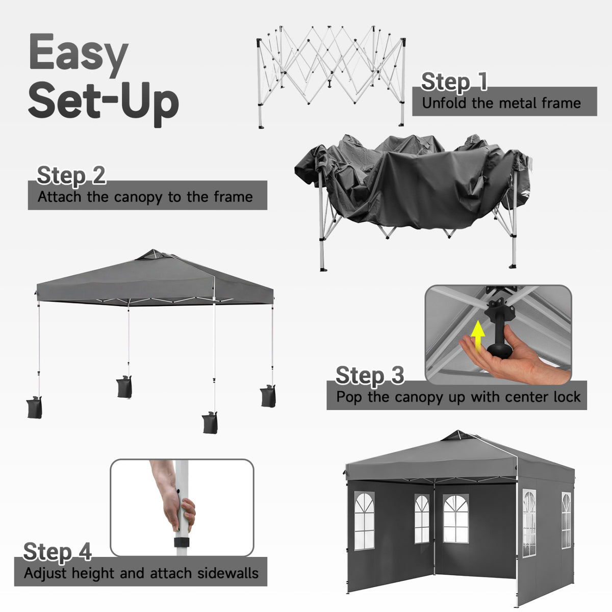 10 x 10 FT Pop Up Canopy Tent with 4 Sidewalls and Adjustable Height Waterproof-Gray view 4