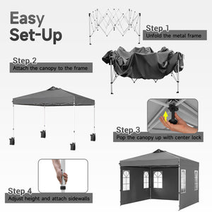 10 x 10 FT Pop Up Canopy Tent with 4 Sidewalls and Adjustable Height Waterproof-Gray view 4