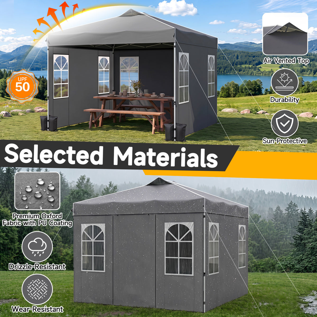 10 x 10 FT Pop Up Canopy Tent with 4 Sidewalls and Adjustable Height Waterproof-Gray view 6
