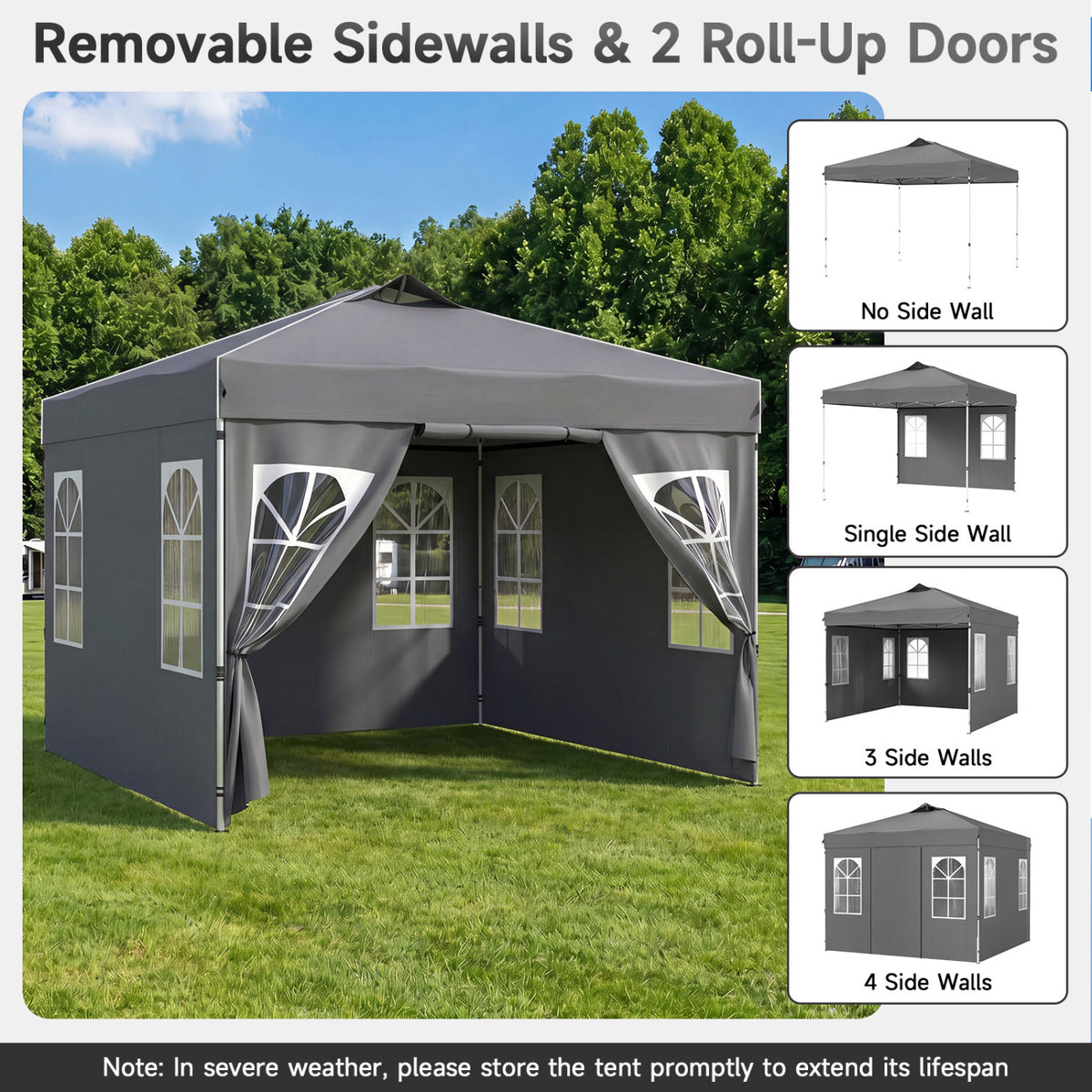 10 x 10 FT Pop Up Canopy Tent with 4 Sidewalls and Adjustable Height Waterproof-Gray view 7