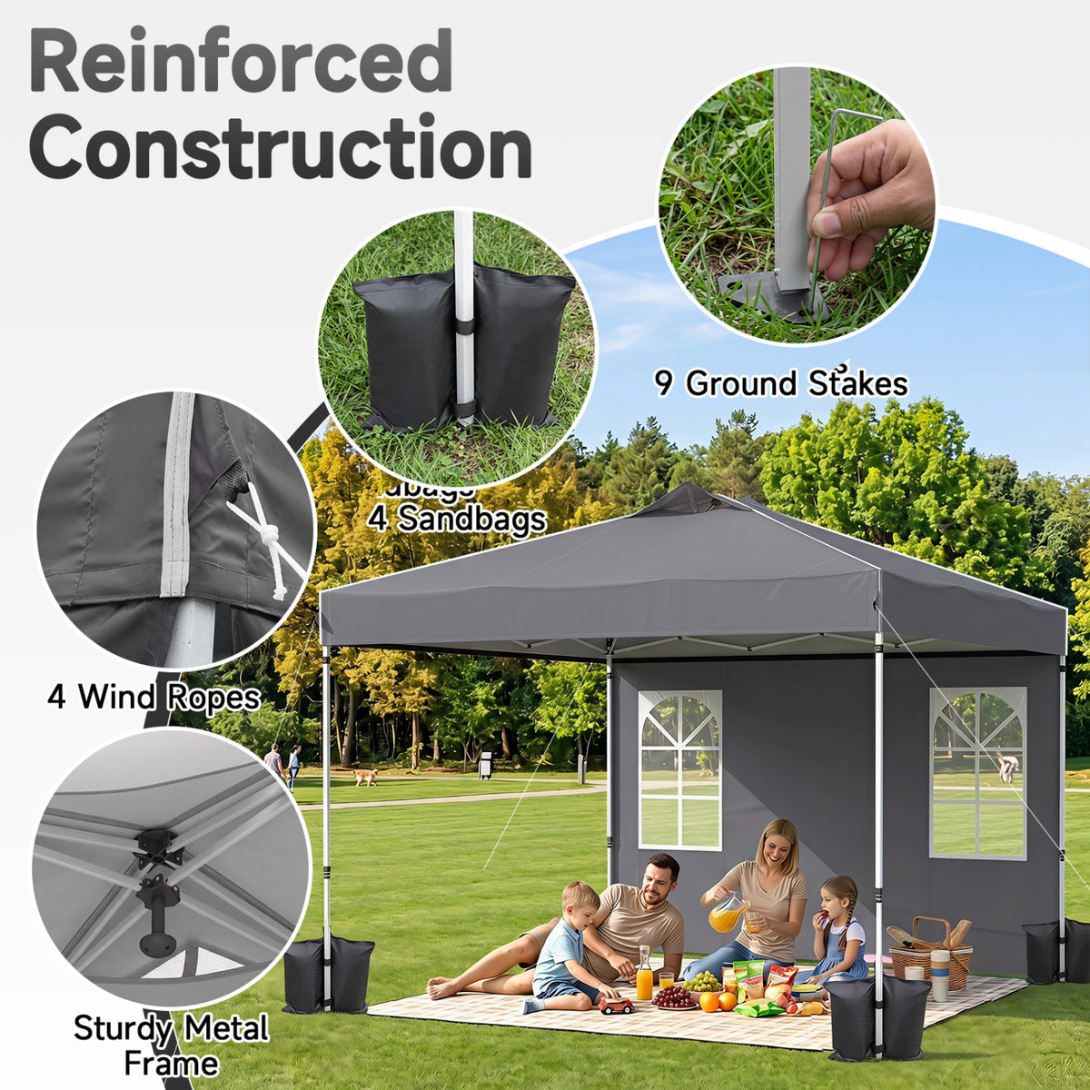 10 x 10 FT Pop Up Canopy Tent with 4 Sidewalls and Adjustable Height Waterproof-Gray view 8