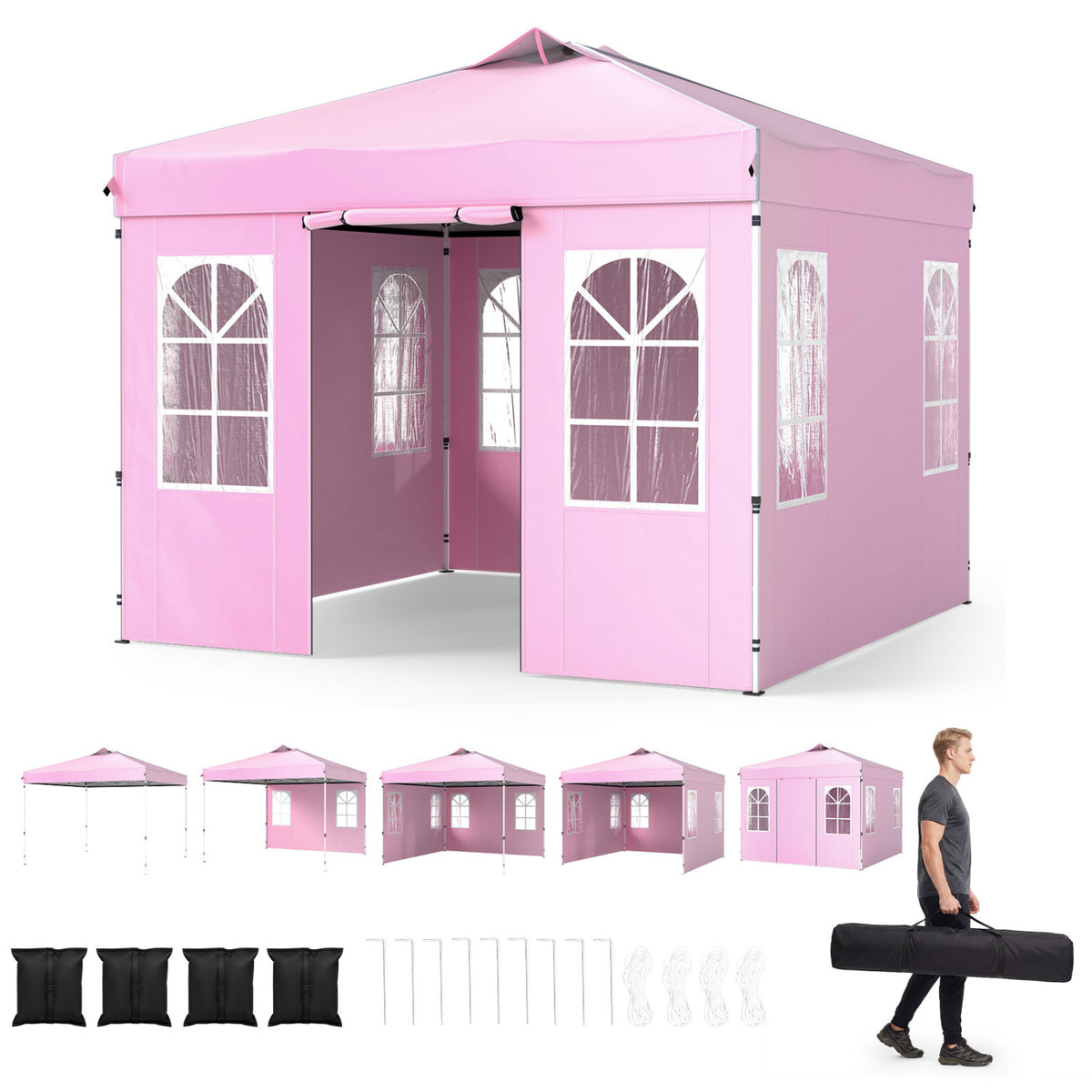 10 x 10 FT Pop Up Canopy Tent with 4 Sidewalls and Adjustable Height Waterproof-Pink