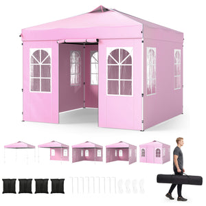 10 x 10 FT Pop Up Canopy Tent with 4 Sidewalls and Adjustable Height Waterproof-Pink