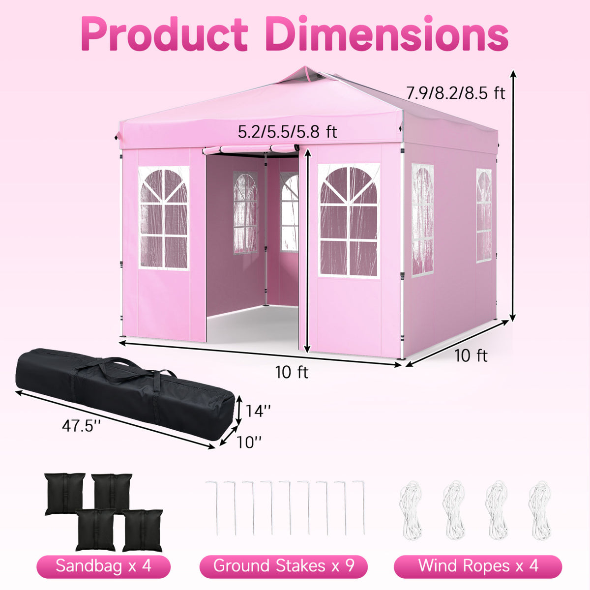 10 x 10 FT Pop Up Canopy Tent with 4 Sidewalls and Adjustable Height Waterproof-Pink view 3