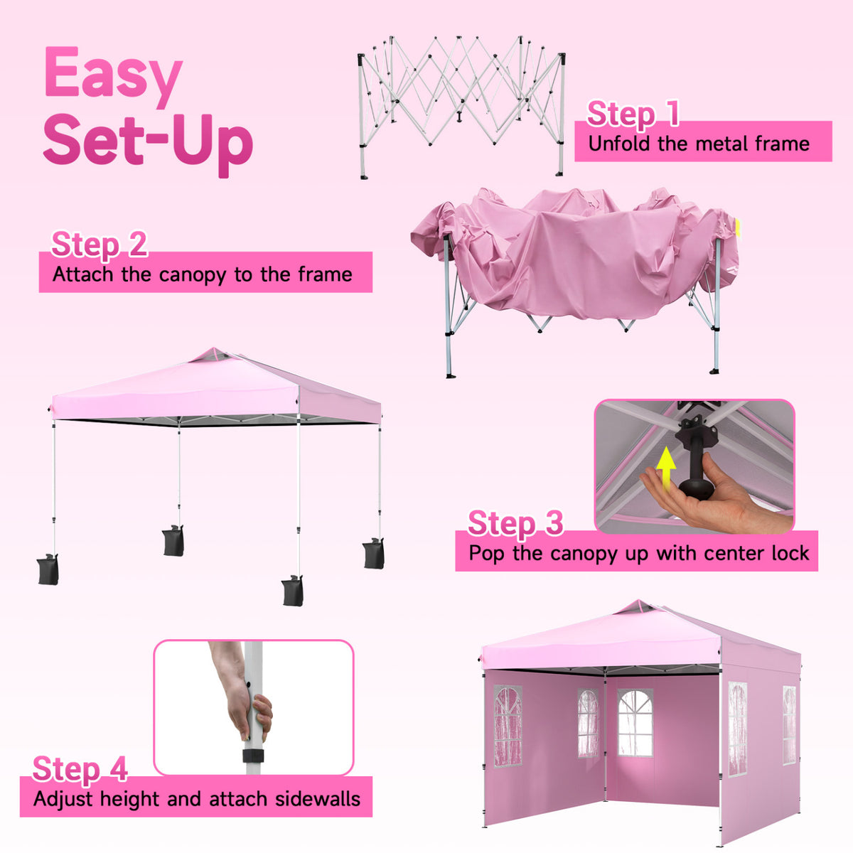 10 x 10 FT Pop Up Canopy Tent with 4 Sidewalls and Adjustable Height Waterproof-Pink view 4
