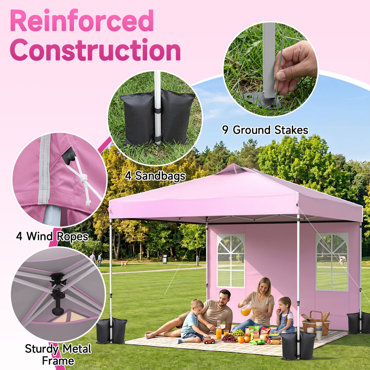 10 x 10 FT Pop Up Canopy Tent with 4 Sidewalls and Adjustable Height Waterproof-Pink view 8