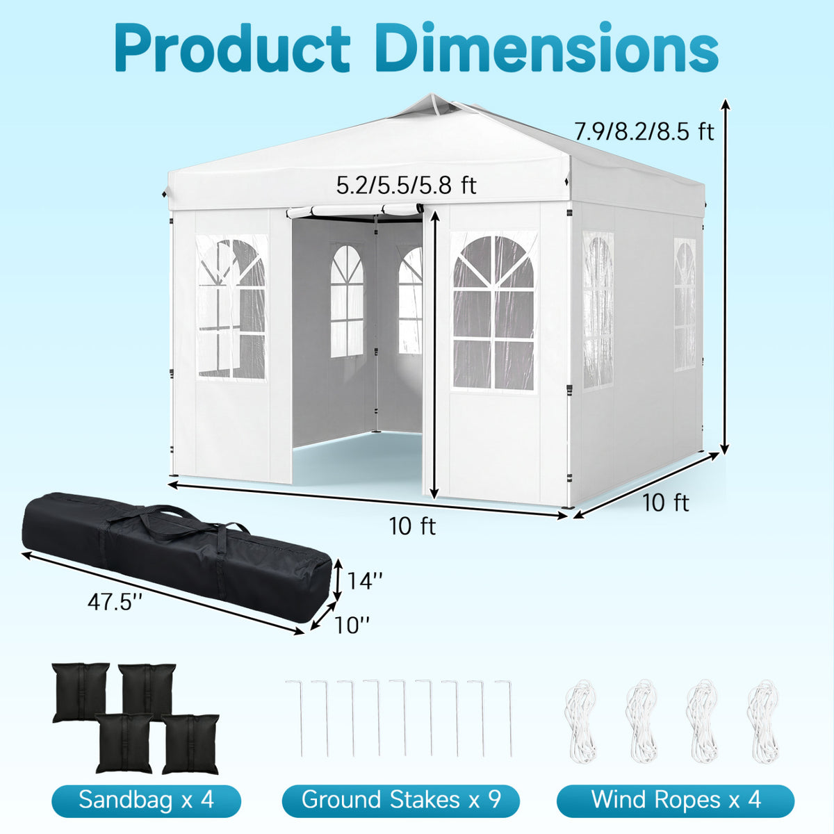 10 x 10 FT Pop Up Canopy Tent with 4 Sidewalls and Adjustable Height Waterproof-White view 3
