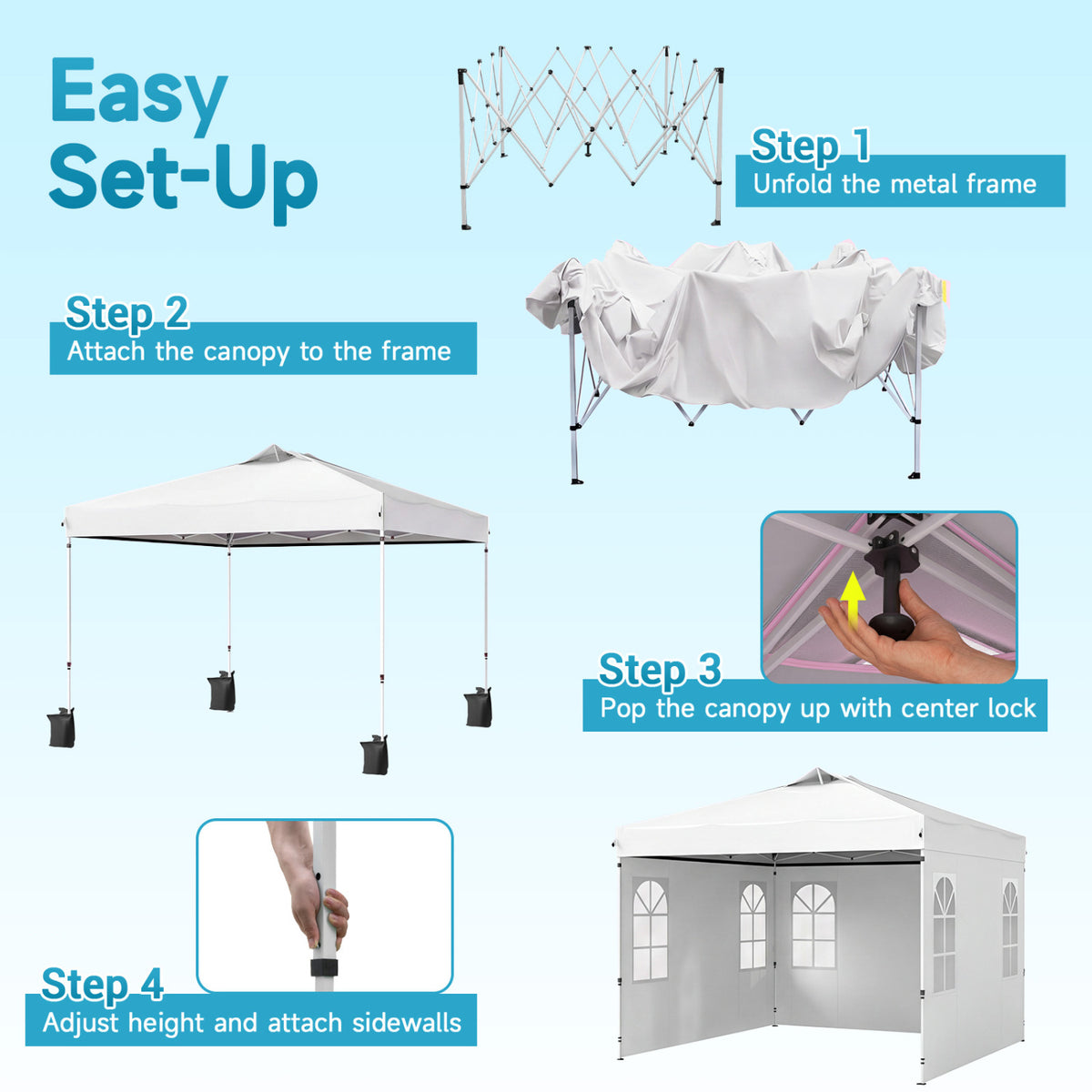 10 x 10 FT Pop Up Canopy Tent with 4 Sidewalls and Adjustable Height Waterproof-White view 4
