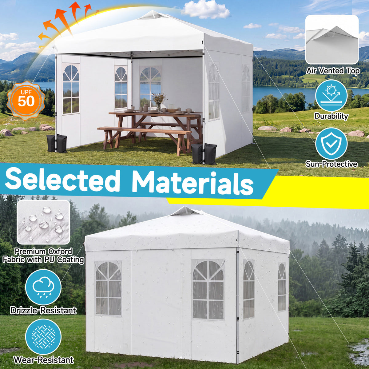 10 x 10 FT Pop Up Canopy Tent with 4 Sidewalls and Adjustable Height Waterproof-White view 6