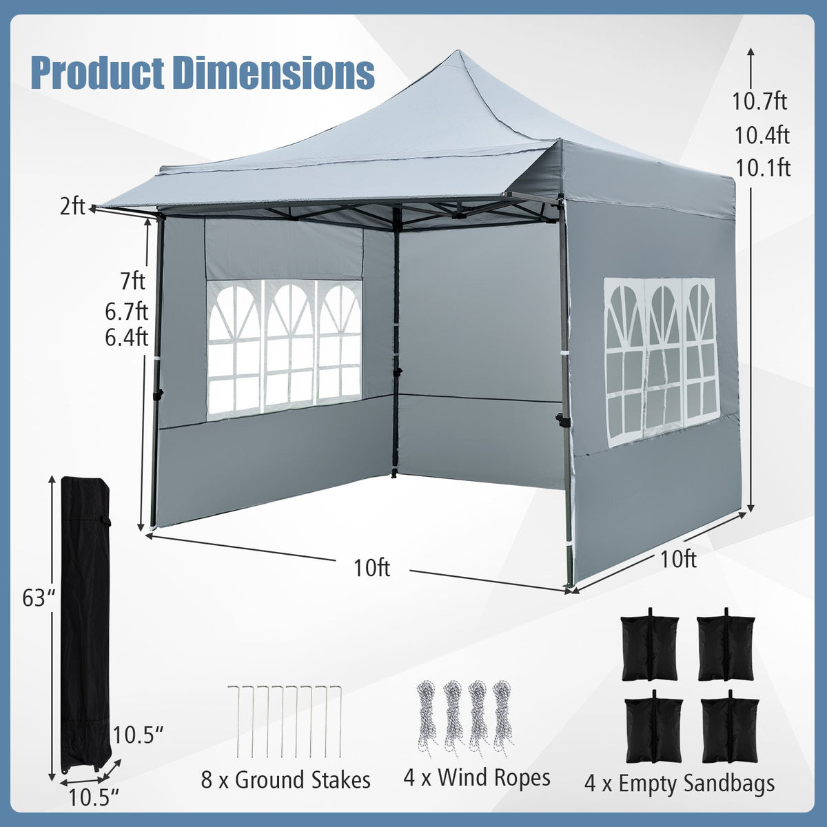 10 x 10 FT Pop up Canopy Tent with Sidewalls and Awning for Party Picnic Event-Gray view 4