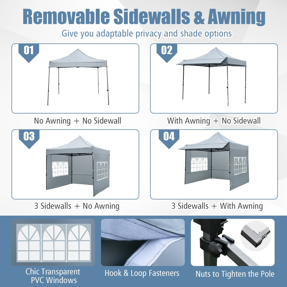 10 x 10 FT Pop up Canopy Tent with Sidewalls and Awning for Party Picnic Event-Gray view 7