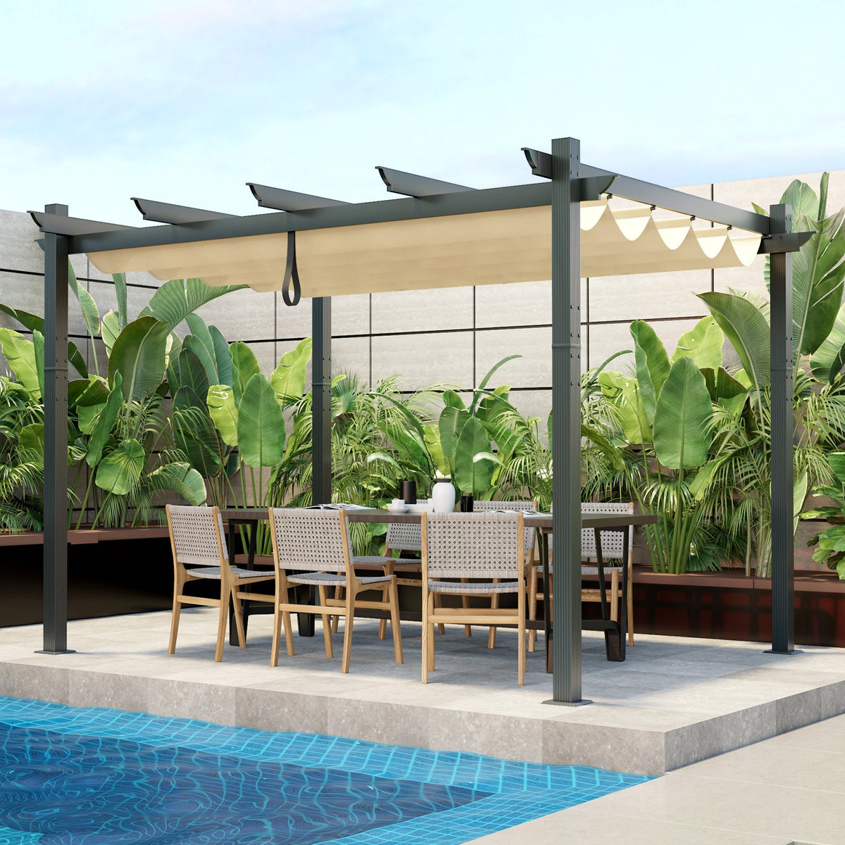 10 x 12 Feet Outdoor Aluminum Retractable Pergola Canopy Shelter Grape Trellis-Beige view 3