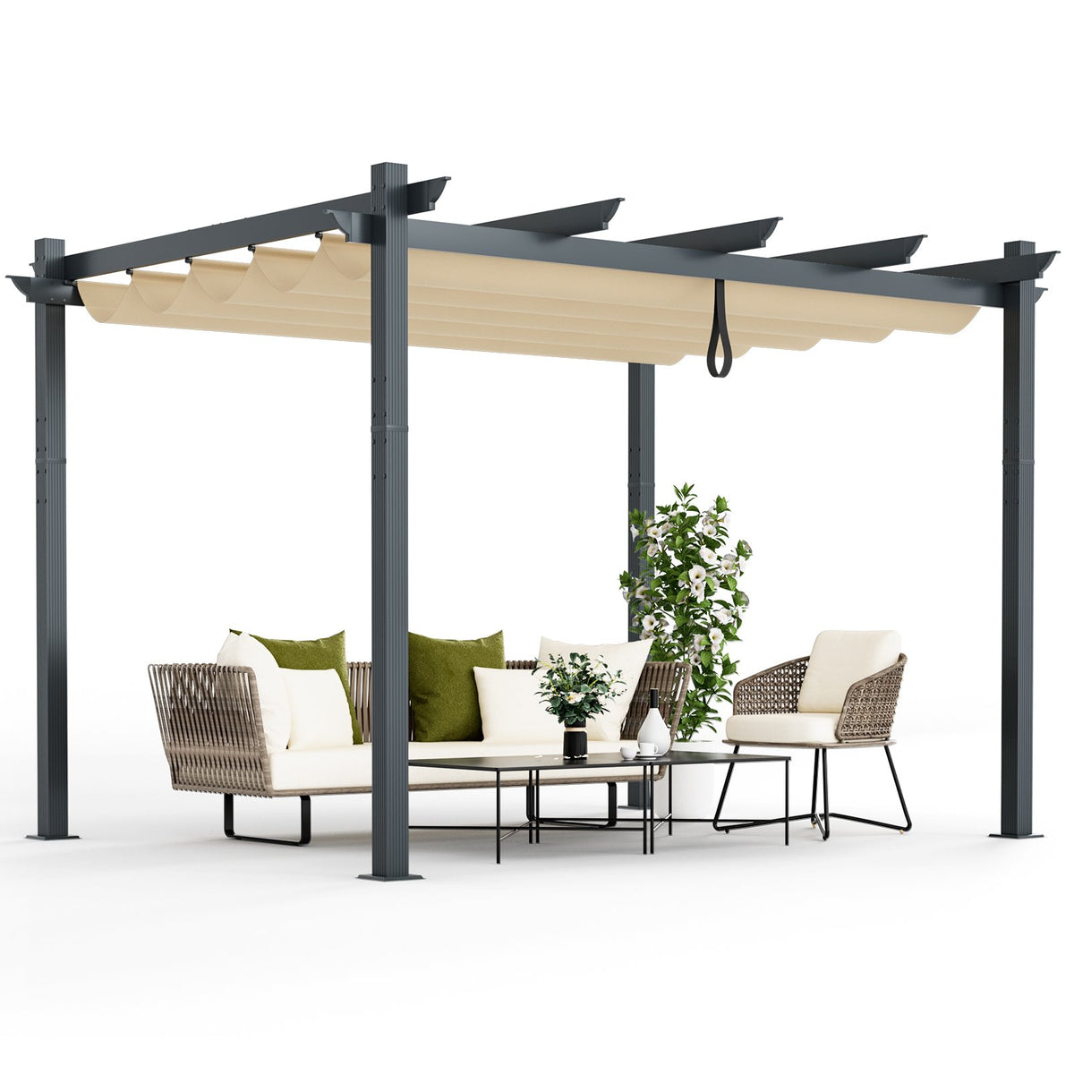 10 x 12 Feet Outdoor Aluminum Retractable Pergola Canopy Shelter Grape Trellis-Beige view 4