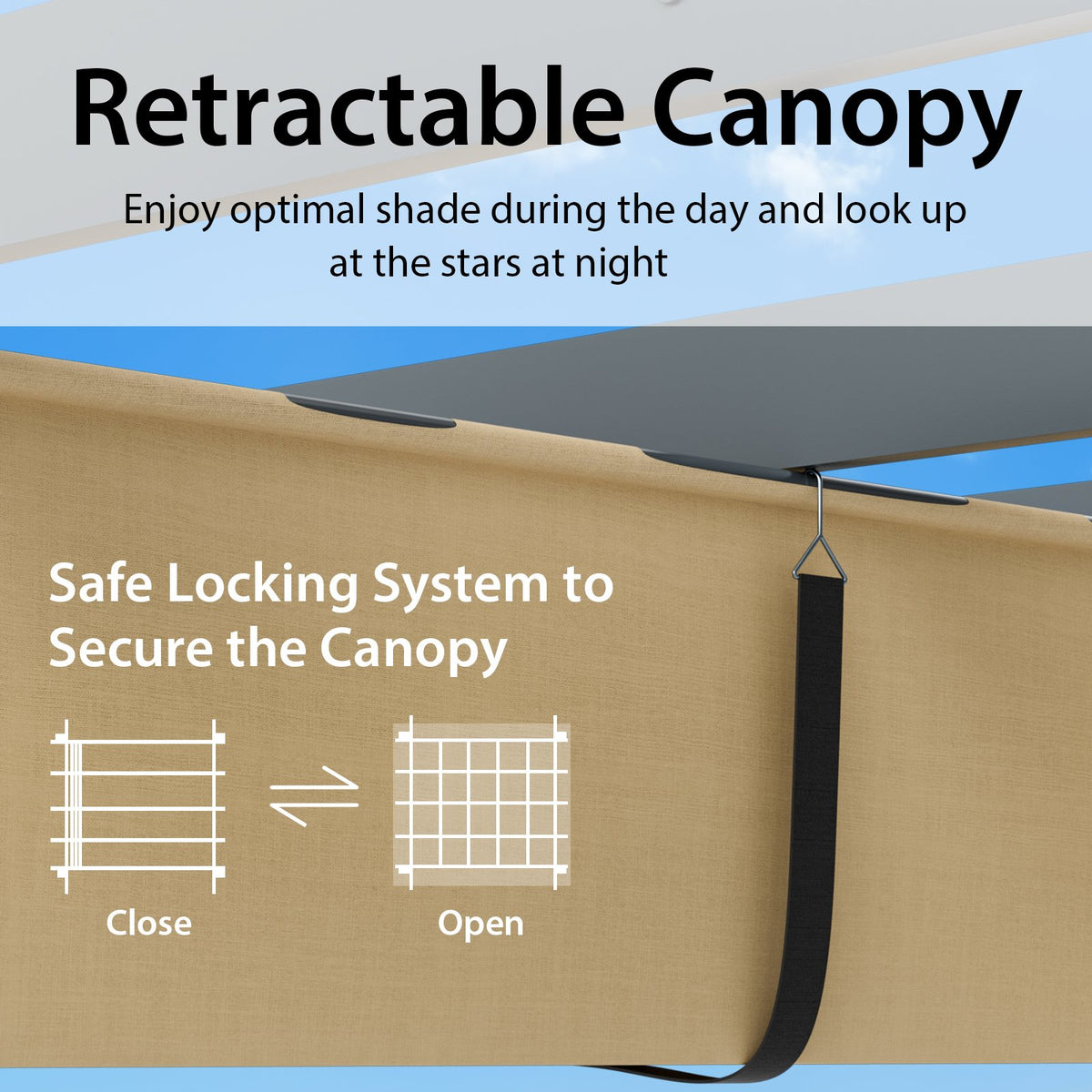 10 x 12 Feet Outdoor Aluminum Retractable Pergola Canopy Shelter Grape Trellis-Beige view 7