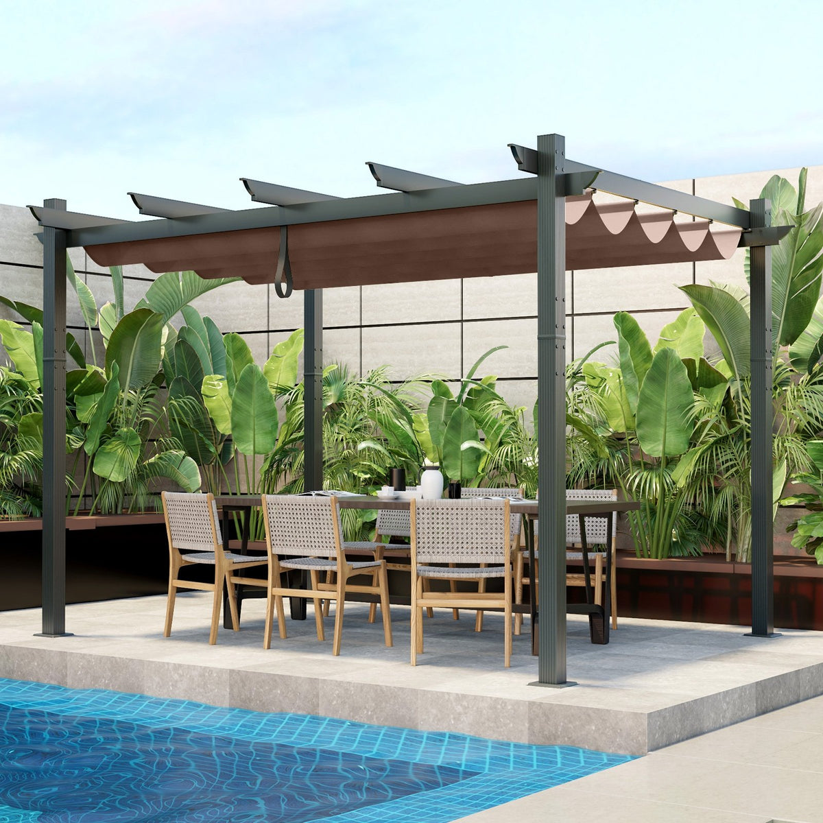 10 x 12 Feet Outdoor Aluminum Retractable Pergola Canopy Shelter Grape Trellis-Coffee view 2