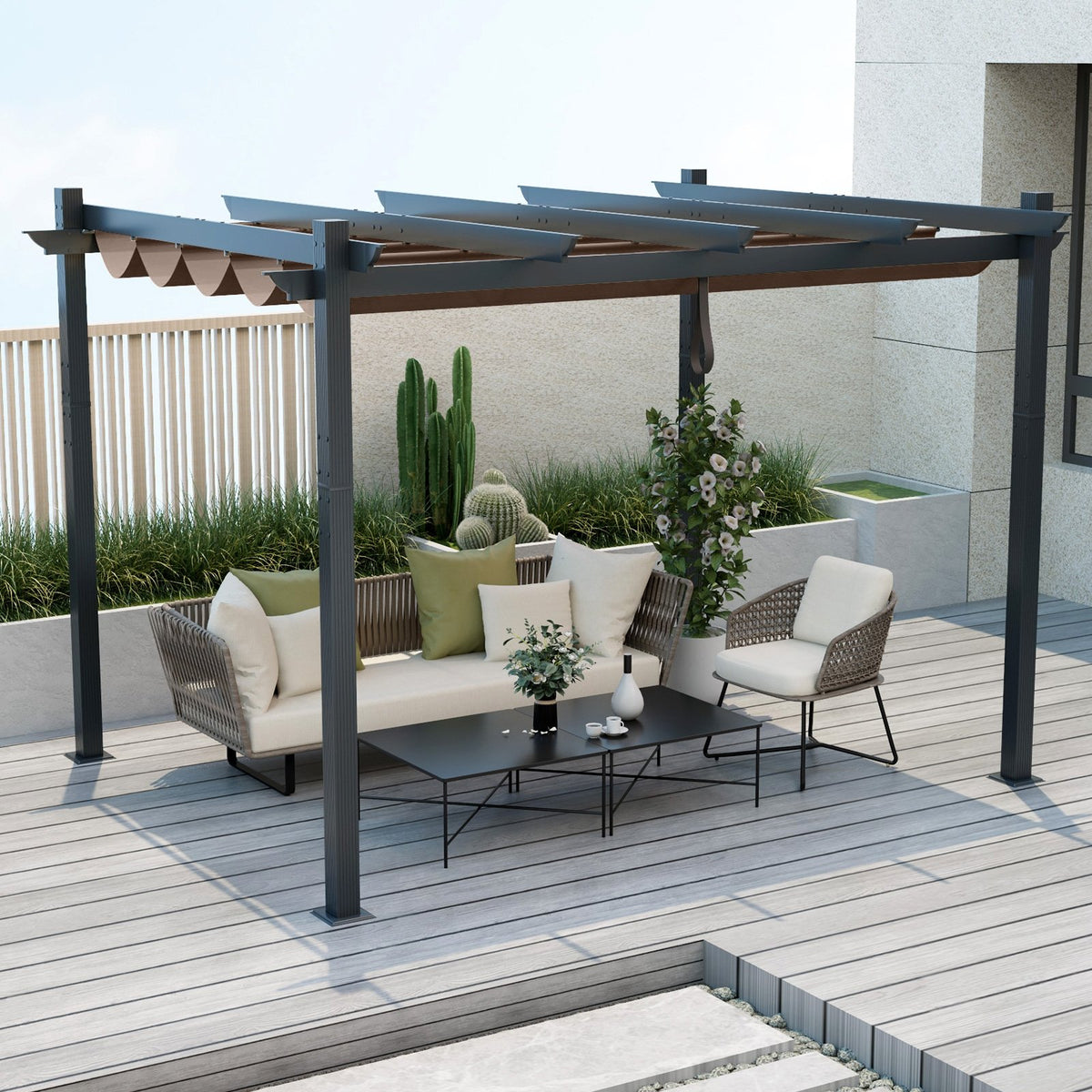 10 x 12 Feet Outdoor Aluminum Retractable Pergola Canopy Shelter Grape Trellis-Coffee view 3