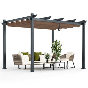 10 x 12 Feet Outdoor Aluminum Retractable Pergola Canopy Shelter Grape Trellis-Coffee view 4