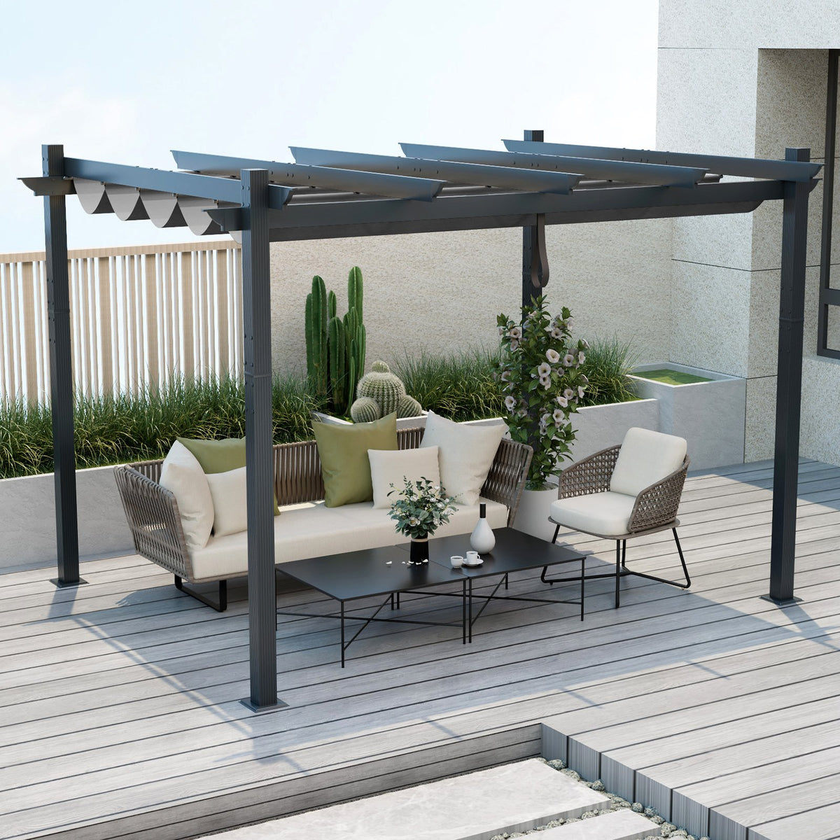 10 x 12 Feet Outdoor Aluminum Retractable Pergola Canopy Shelter Grape Trellis-Gray view 2