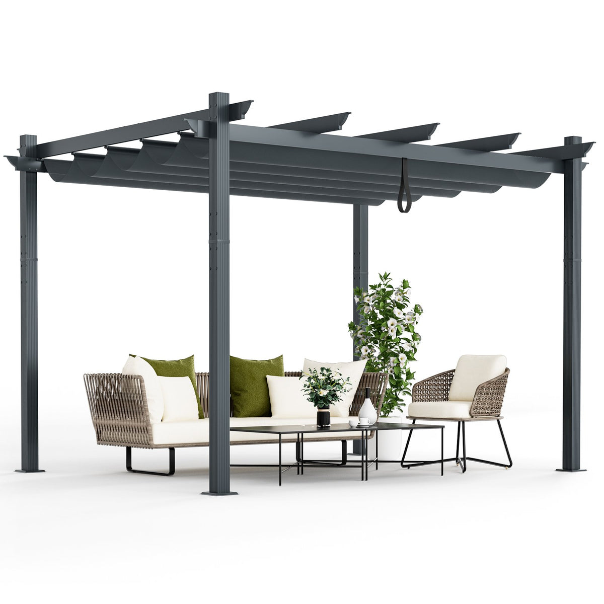 10 x 12 Feet Outdoor Aluminum Retractable Pergola Canopy Shelter Grape Trellis-Gray view 4