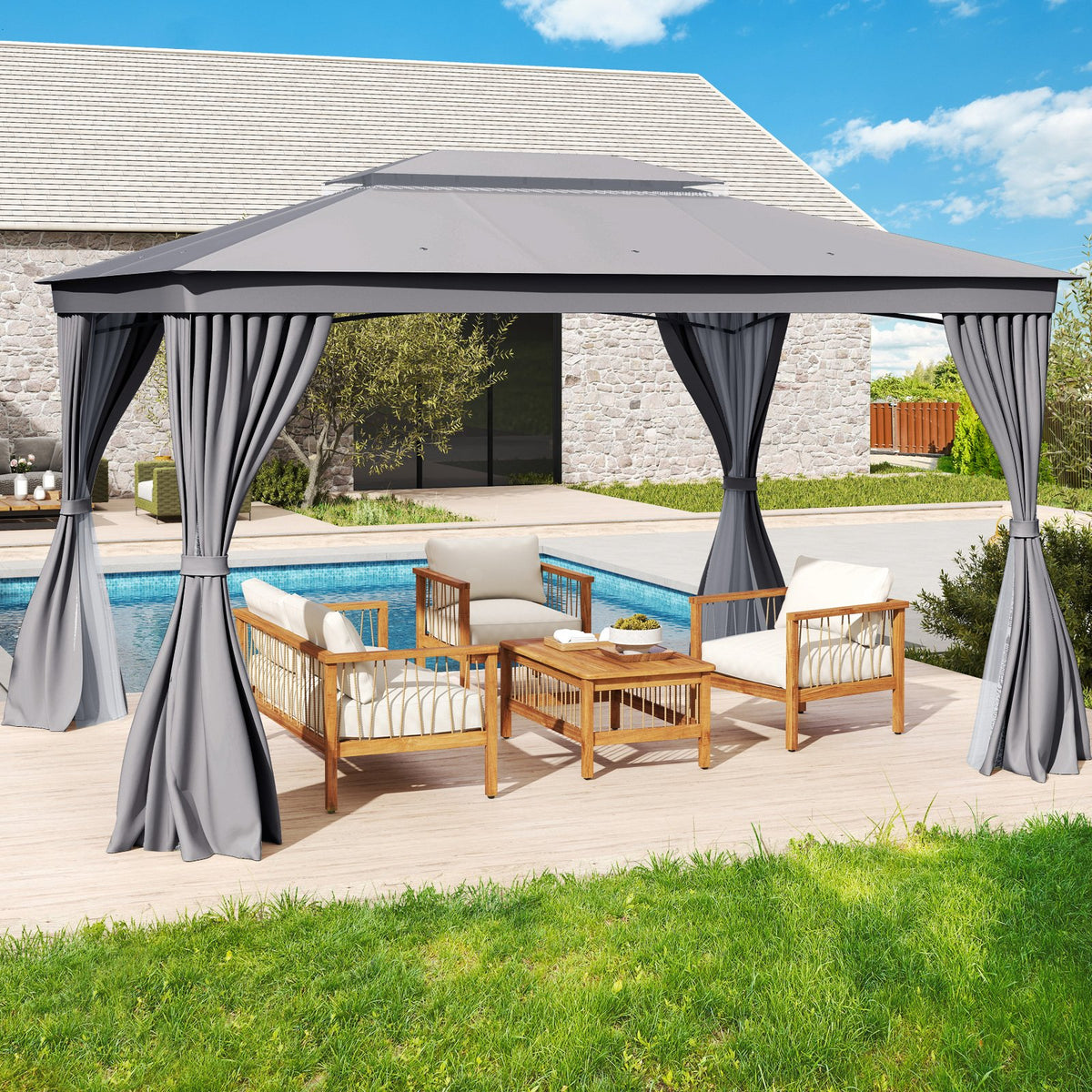 10 x 13 Feet Patio Gazebo Double-Roof with Mesh Netting and Privacy Curtains-Gray view 2