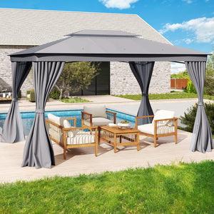 10 x 13 Feet Patio Gazebo Double-Roof with Mesh Netting and Privacy Curtains-Gray view 2