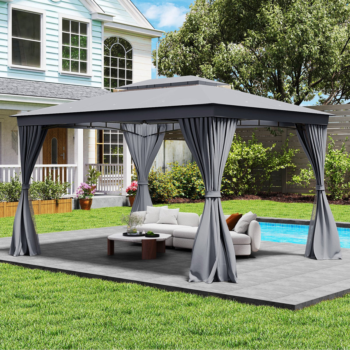 10 x 13 Feet Patio Gazebo Double-Roof with Mesh Netting and Privacy Curtains-Gray view 3