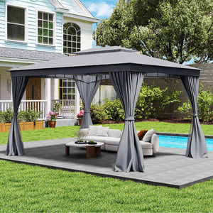 10 x 13 Feet Patio Gazebo Double-Roof with Mesh Netting and Privacy Curtains-Gray view 3