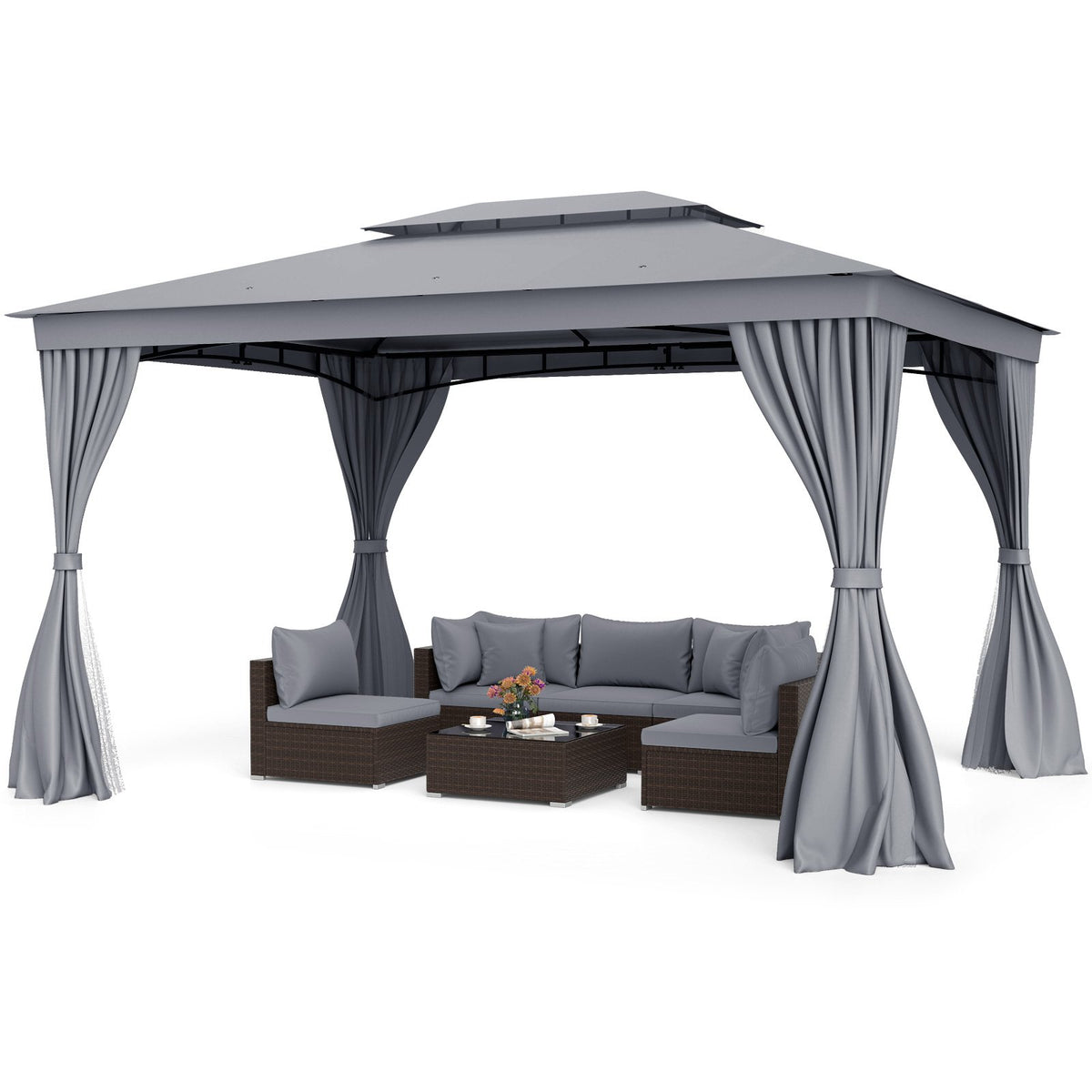 10 x 13 Feet Patio Gazebo Double-Roof with Mesh Netting and Privacy Curtains-Gray view 4