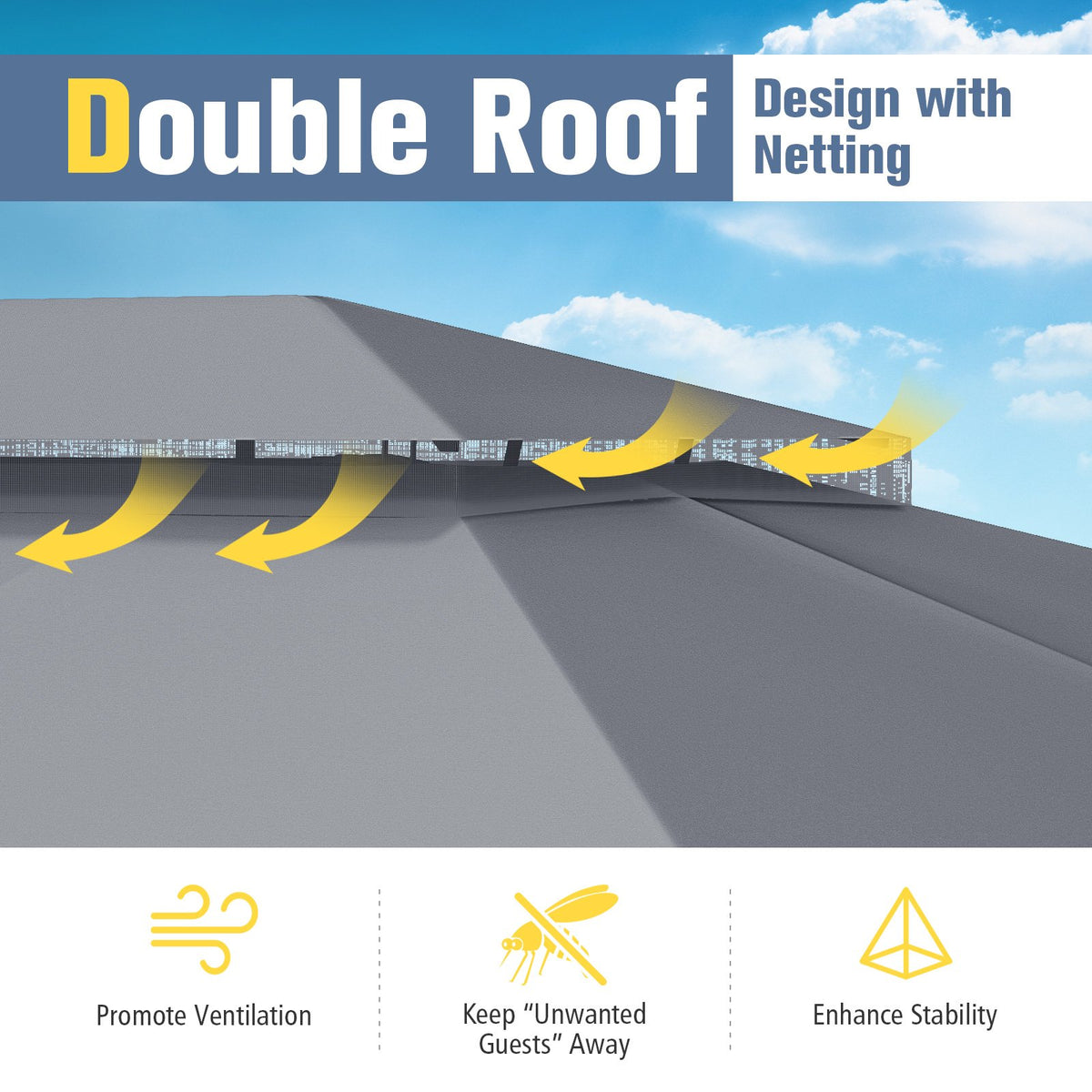 10 x 13 Feet Patio Gazebo Double-Roof with Mesh Netting and Privacy Curtains-Gray view 8