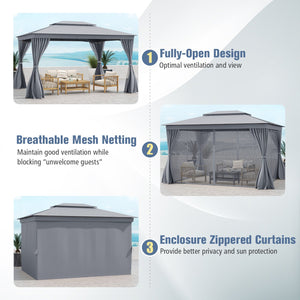 10 x 13 Feet Patio Gazebo Double-Roof with Mesh Netting and Privacy Curtains-Gray view 9