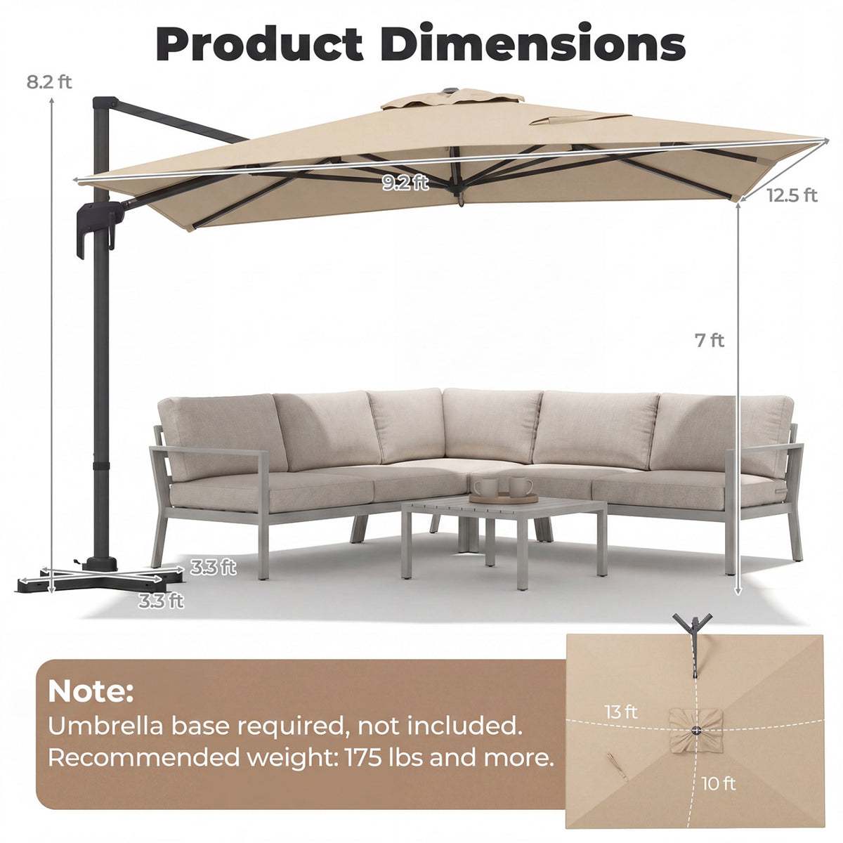10 x 13 FT Cantilever Patio Umbrella with 360-Degree Rotation and 5 Tilt Positions-Beige view 5