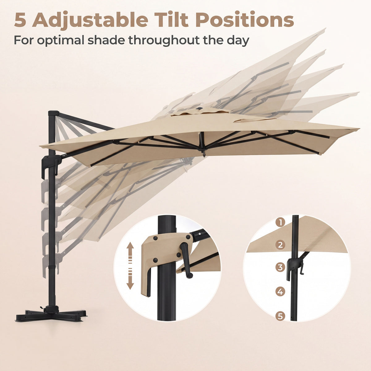 10 x 13 FT Cantilever Patio Umbrella with 360-Degree Rotation and 5 Tilt Positions-Beige view 9
