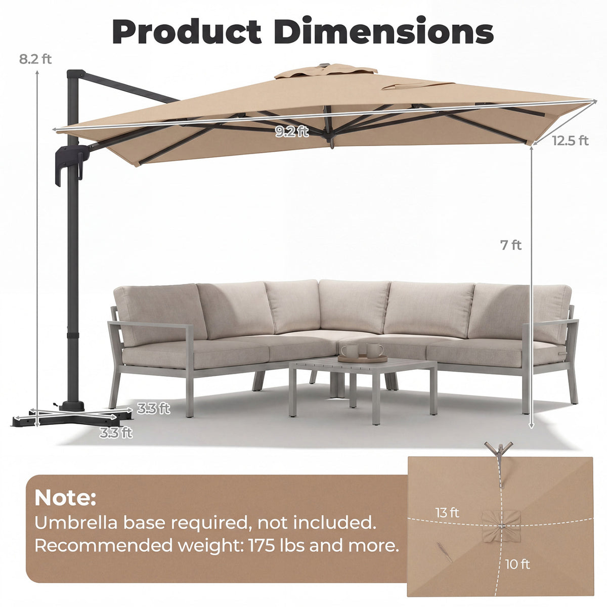 10 x 13 FT Cantilever Patio Umbrella with 360-Degree Rotation and 5 Tilt Positions-Brown view 5