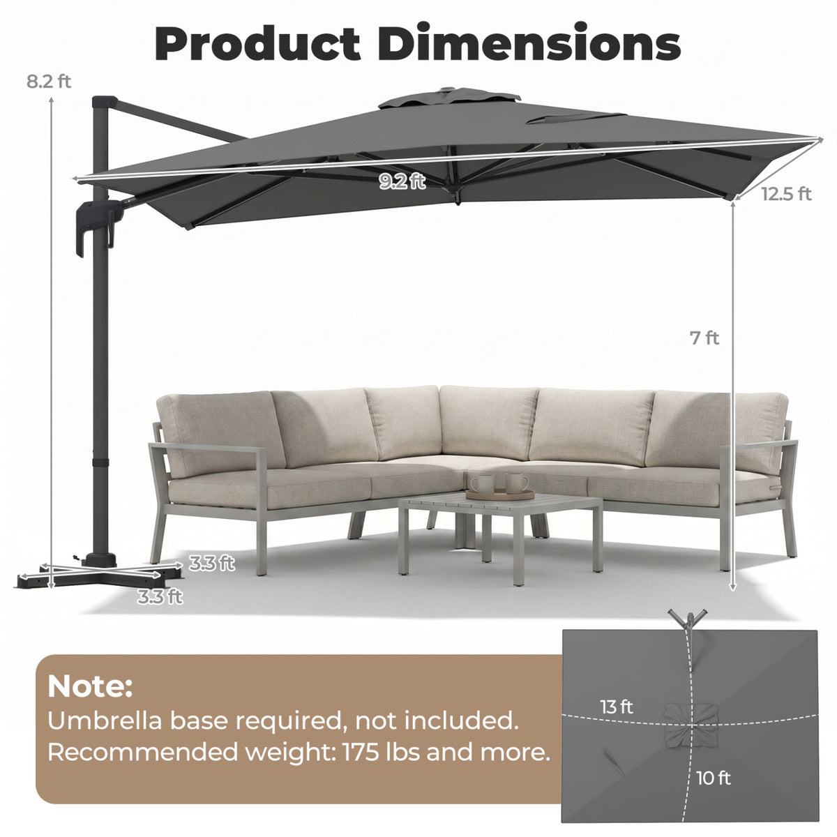 10 x 13 FT Cantilever Patio Umbrella with 360-Degree Rotation and 5 Tilt Positions-Gray view 5