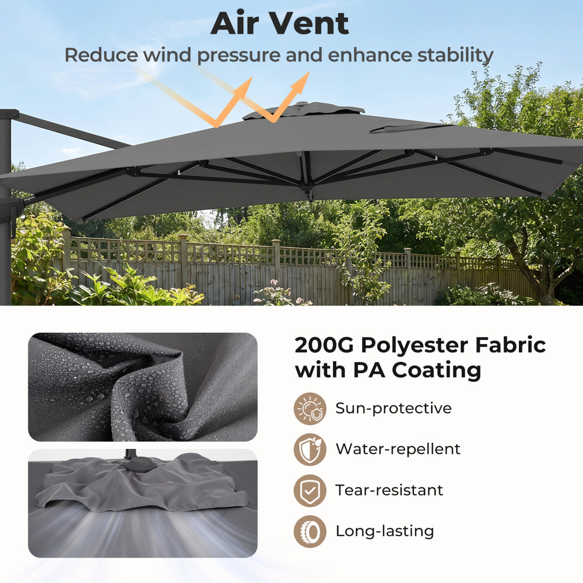 10 x 13 FT Cantilever Patio Umbrella with 360-Degree Rotation and 5 Tilt Positions-Gray view 7