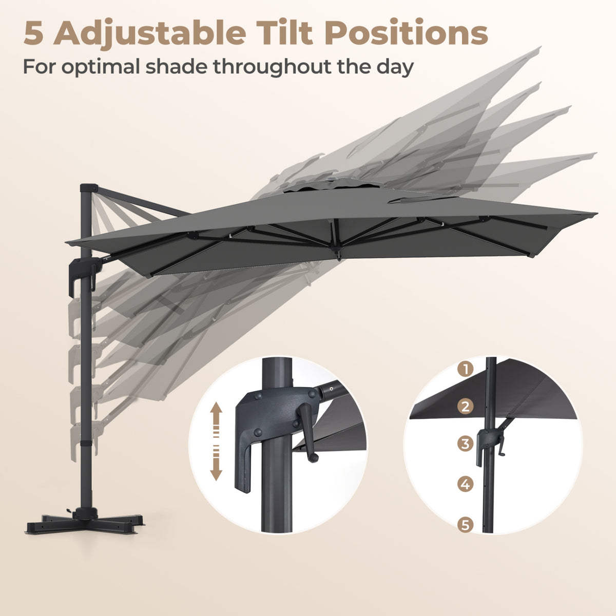 10 x 13 FT Cantilever Patio Umbrella with 360-Degree Rotation and 5 Tilt Positions-Gray view 9