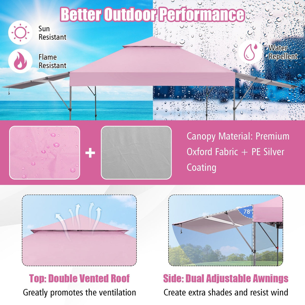 10 x 17.6 Feet Outdoor Instant Pop-up Canopy Tent with Dual Half Awnings-Pink view 6