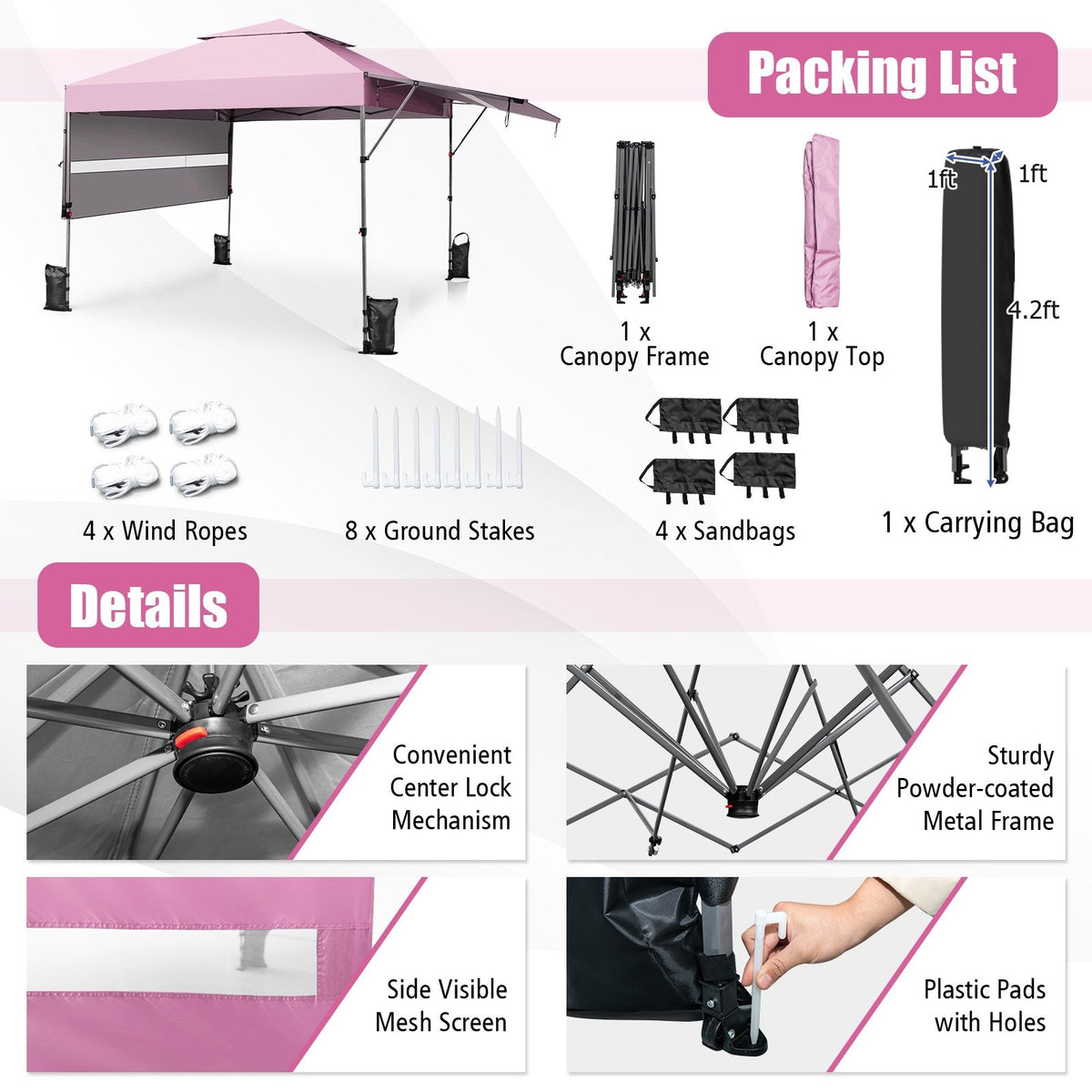 10 x 17.6 Feet Outdoor Instant Pop-up Canopy Tent with Dual Half Awnings-Pink view 9