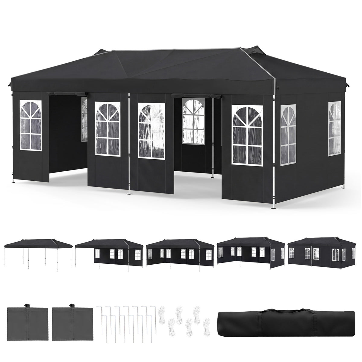 10 x 20 FT Pop Up Canopy Tent with 6 Sidewalls and Adjustable Height-Black