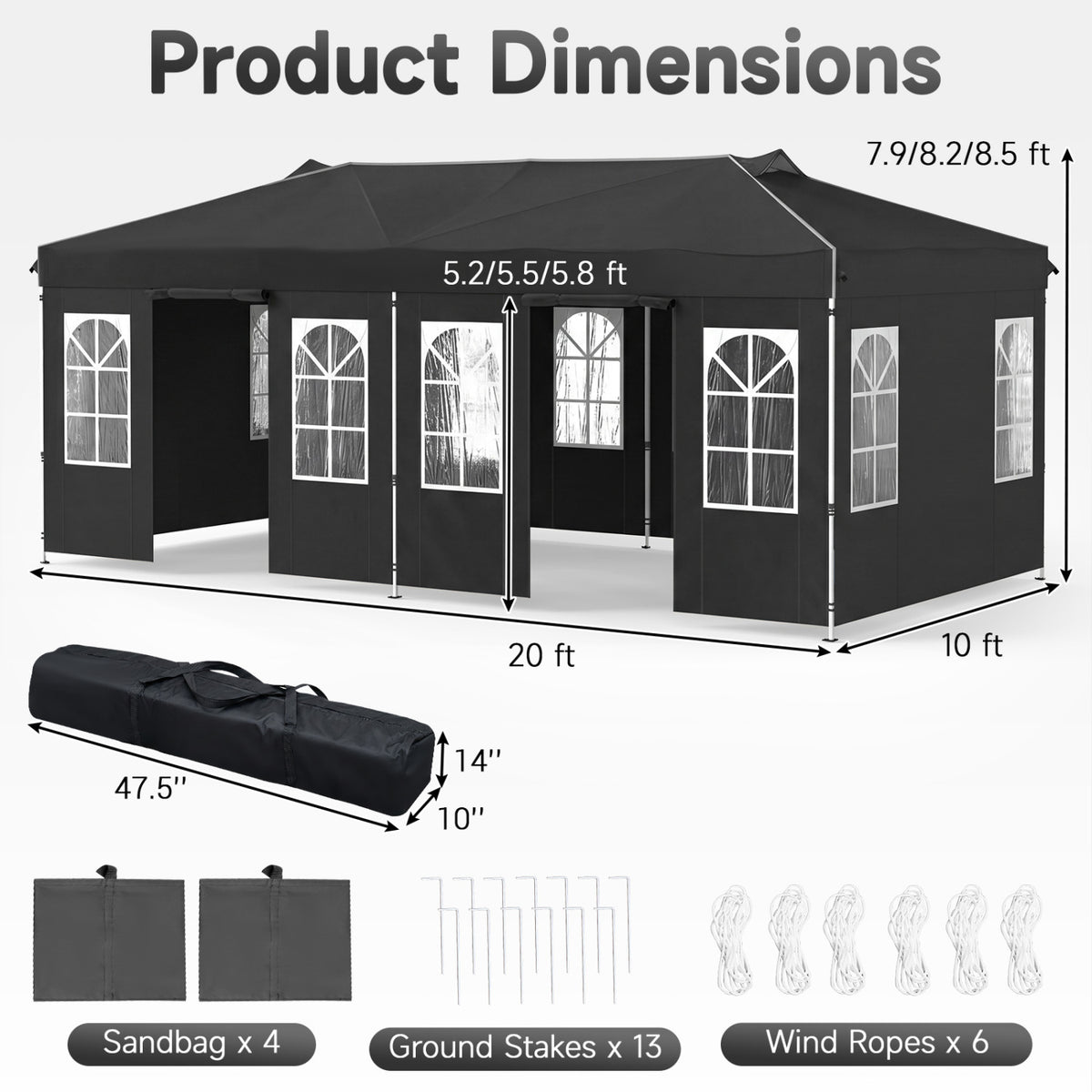 10 x 20 FT Pop Up Canopy Tent with 6 Sidewalls and Adjustable Height-Black view 3