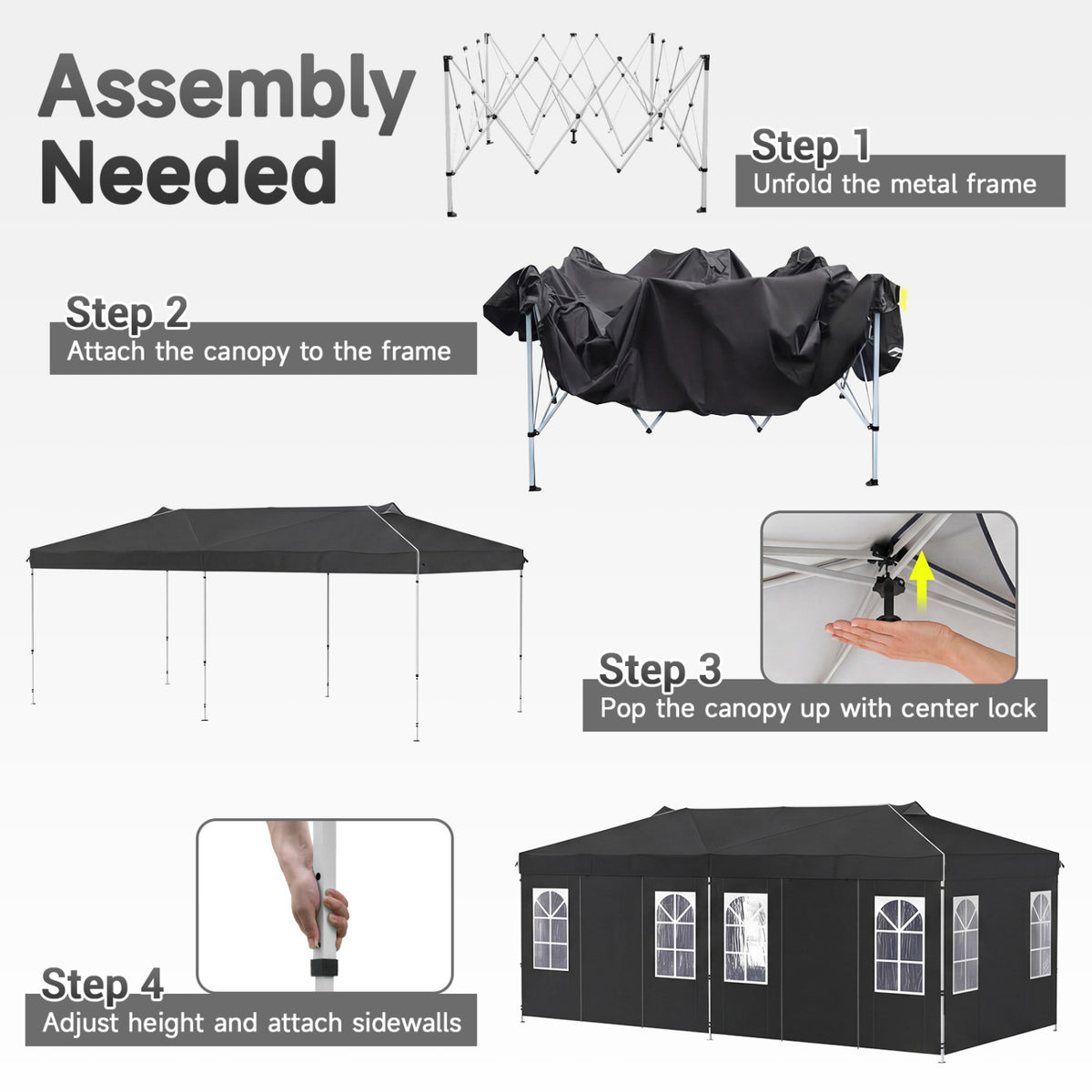 10 x 20 FT Pop Up Canopy Tent with 6 Sidewalls and Adjustable Height-Black view 4