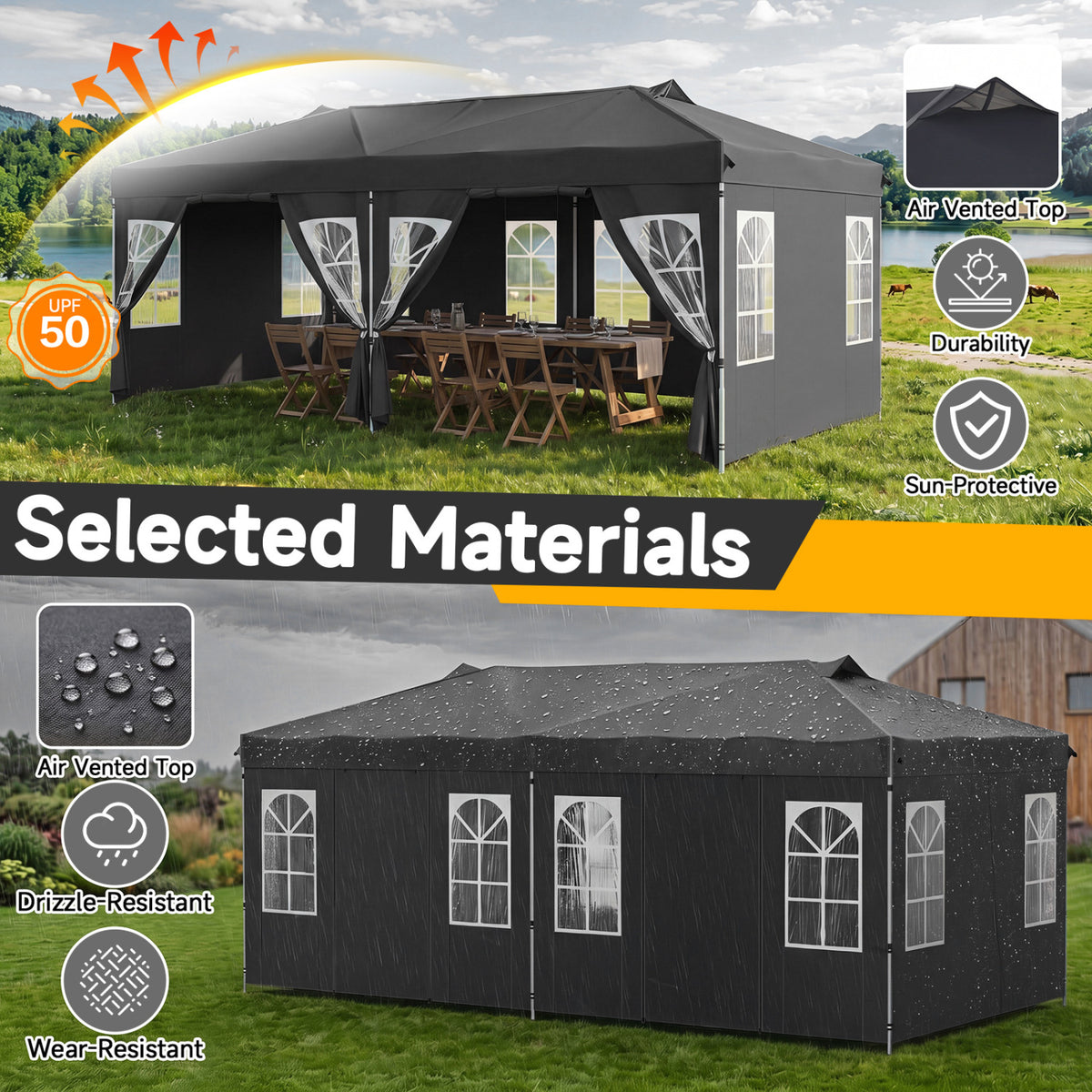 10 x 20 FT Pop Up Canopy Tent with 6 Sidewalls and Adjustable Height-Black view 5