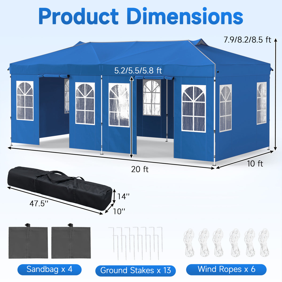 10 x 20 FT Pop Up Canopy Tent with 6 Sidewalls and Adjustable Height-Blue view 3