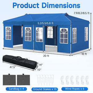 10 x 20 FT Pop Up Canopy Tent with 6 Sidewalls and Adjustable Height-Blue view 3