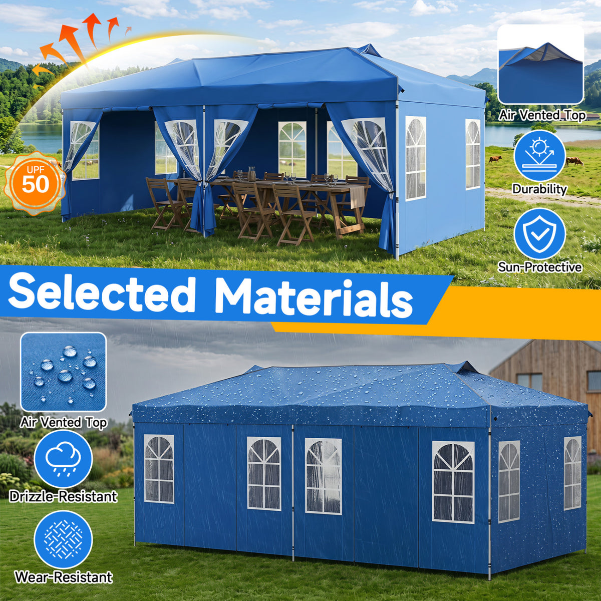 10 x 20 FT Pop Up Canopy Tent with 6 Sidewalls and Adjustable Height-Blue view 6