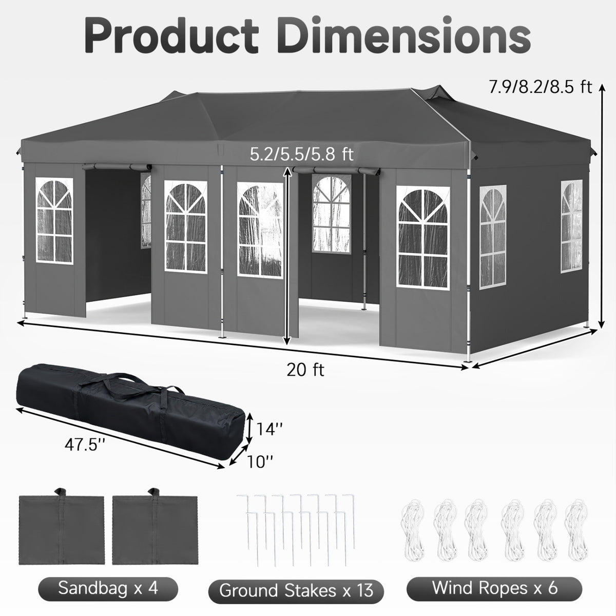 10 x 20 FT Pop Up Canopy Tent with 6 Sidewalls and Adjustable Height-Gray view 3